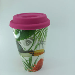 CERAMIC MUG FLAMINGO  WITH SILICONE LID