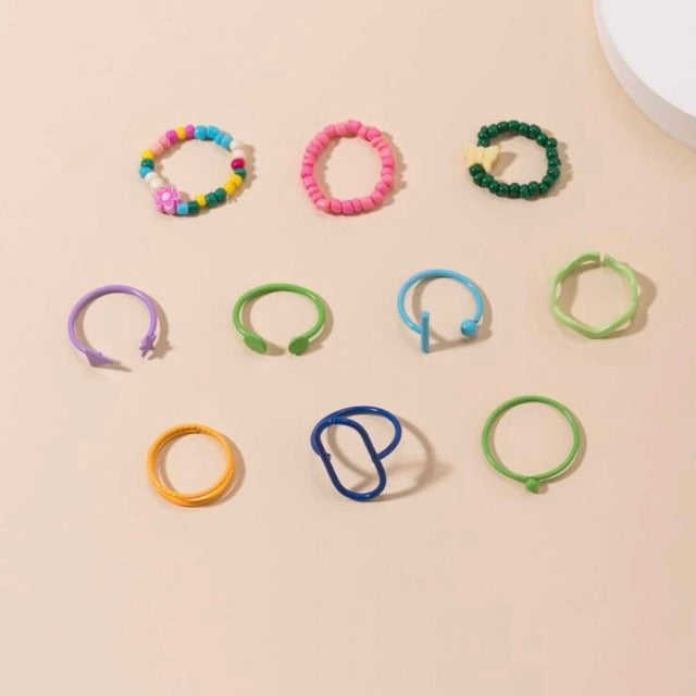 Star & flower Multicolored Rings- Set of 10 pcs