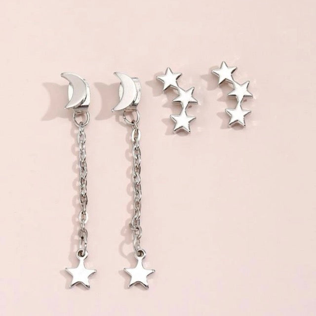 Star & Moon Earrings- Set of 4 pcs