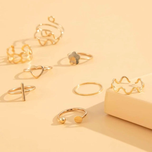 Heart & Flower Rings- Set of 8 pcs