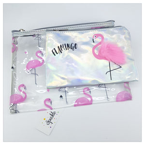 TRANSPARENT PURSE GIRL FASHION FLAMINGO DOUBLE ZIPPER BAG PVC LASER BAG