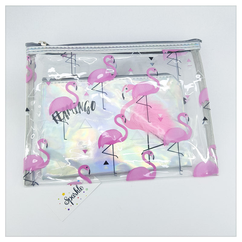 TRANSPARENT PURSE GIRL FASHION FLAMINGO DOUBLE ZIPPER BAG PVC LASER BAG